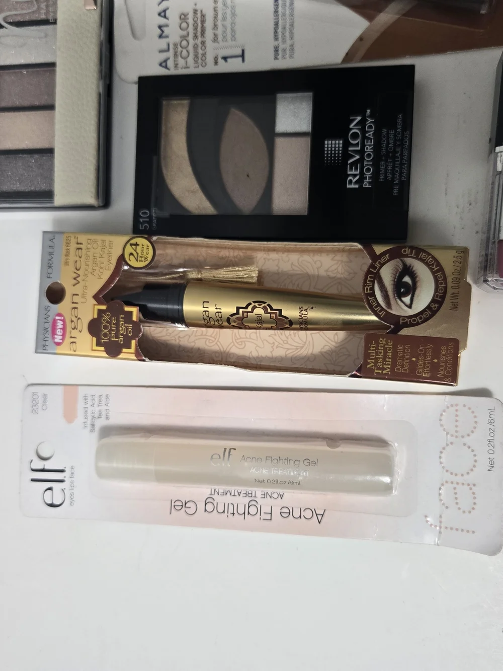 Revlon & e.l.f. Neutral Eyeshadow and Acne Gel Set — Brown, Gold, Pink